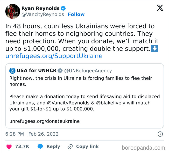 Ryan Reynolds pledging to match donations for Ukrainian aid, highlighting his philanthropic business decisions. Ryan Reynolds pledging to match donations for Ukrainian aid, highlighting his philanthropic business decisions.