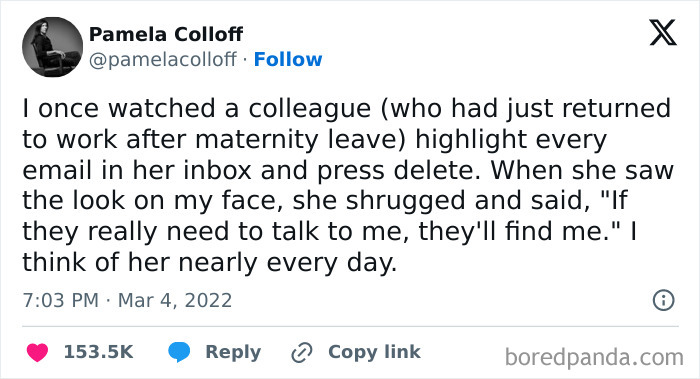 Tweet screenshot featuring a humorous work-email scenario about deleting inbox messages after maternity leave.