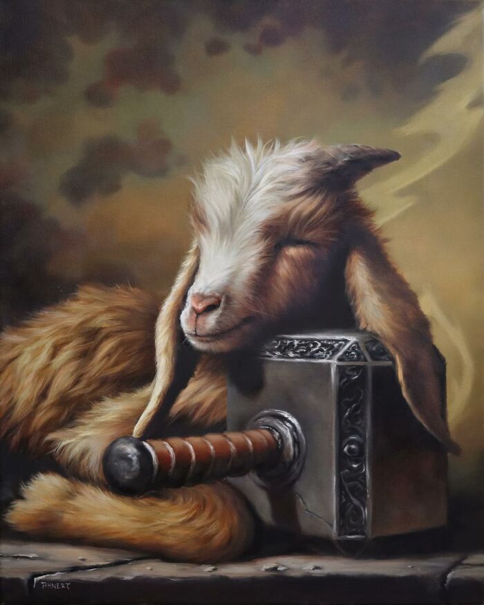 Anthropomorphic artwork of a serene goat resting its head on a decorative hammer, by Richard Ahnert.
