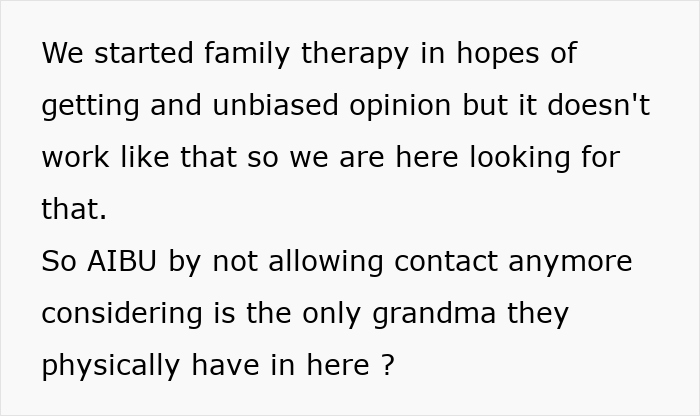 Text block discussing family therapy and contact issues with grandma.