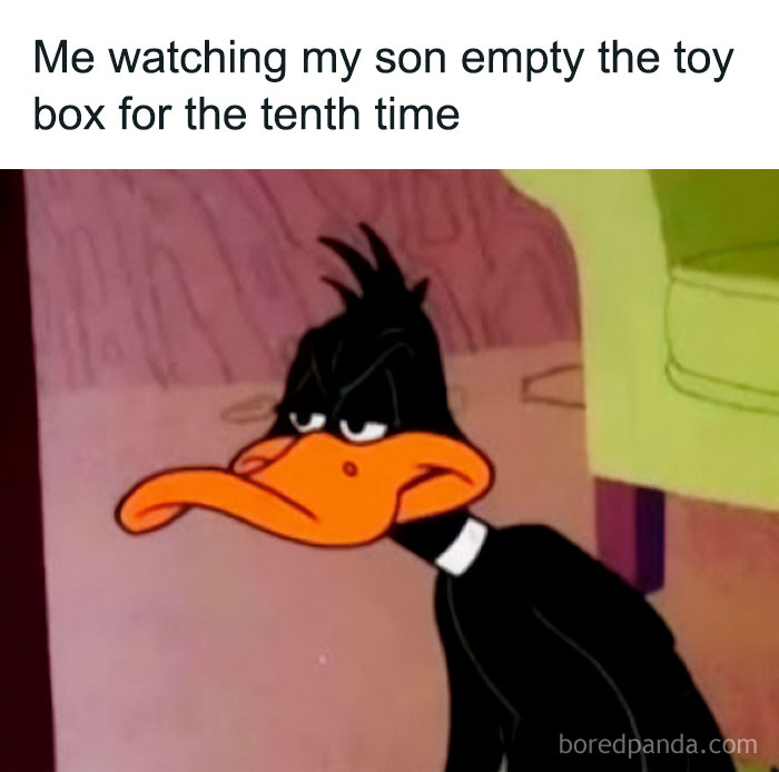 Daffy Duck looking frustrated as a parenting meme about kids repeatedly emptying toy boxes.