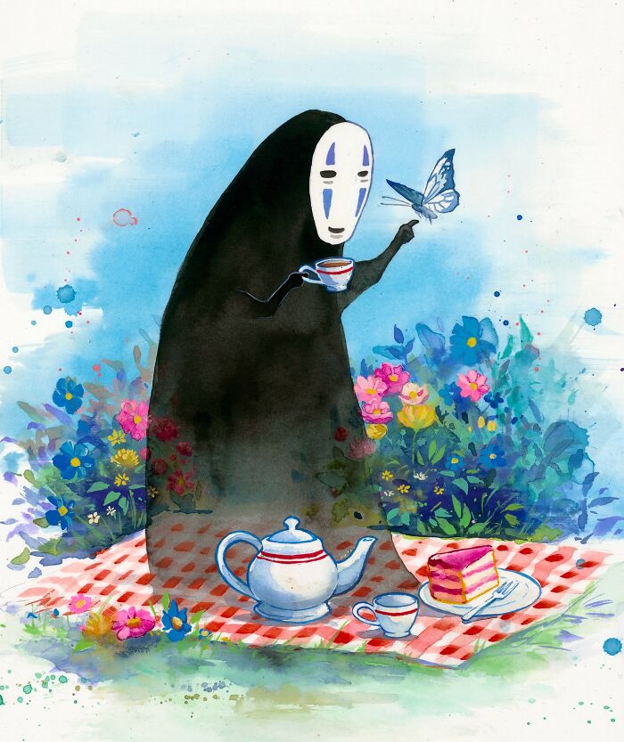 Dream-like painting of a whimsical figure at a picnic with tea and a butterfly.
