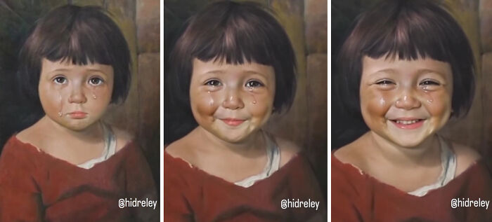 Three side-by-side images showing Bragolin’s crying children gradually transformed from tears to smiles using AI.