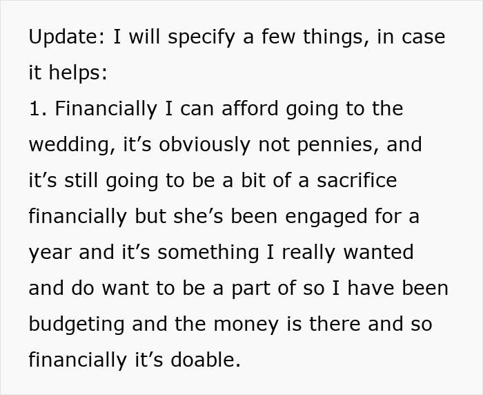 Financial concerns about attending a wedding with potential red flags, as noted in text update. Financial concerns about attending a wedding with potential red flags, as noted in text update.