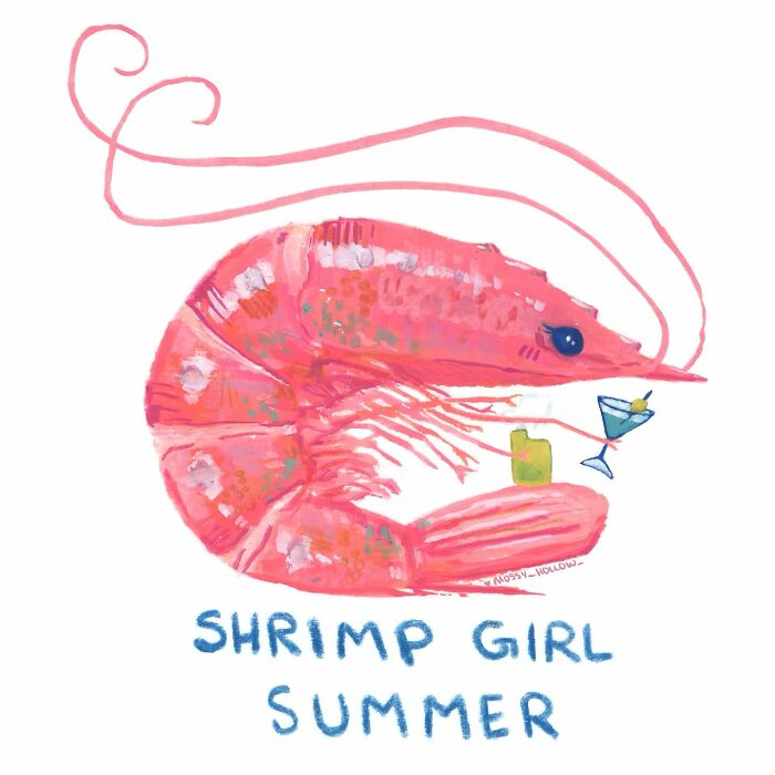 Sassy watercolor painting of a shrimp with pop culture reference holding a cocktail.