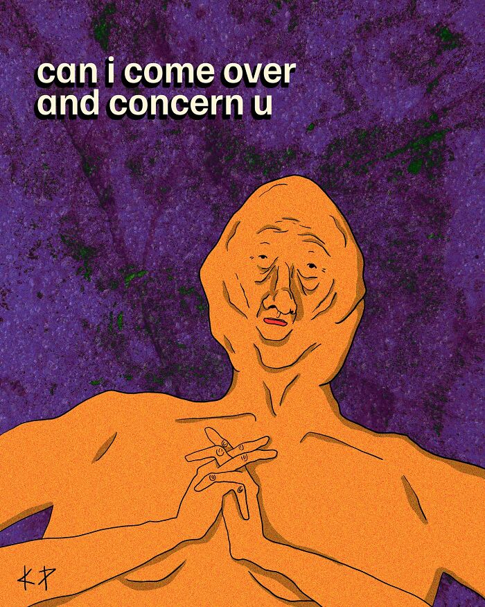 Illustration by ‘Kissing Party’ depicts a humorous, abstract figure with text: "can i come over and concern u."