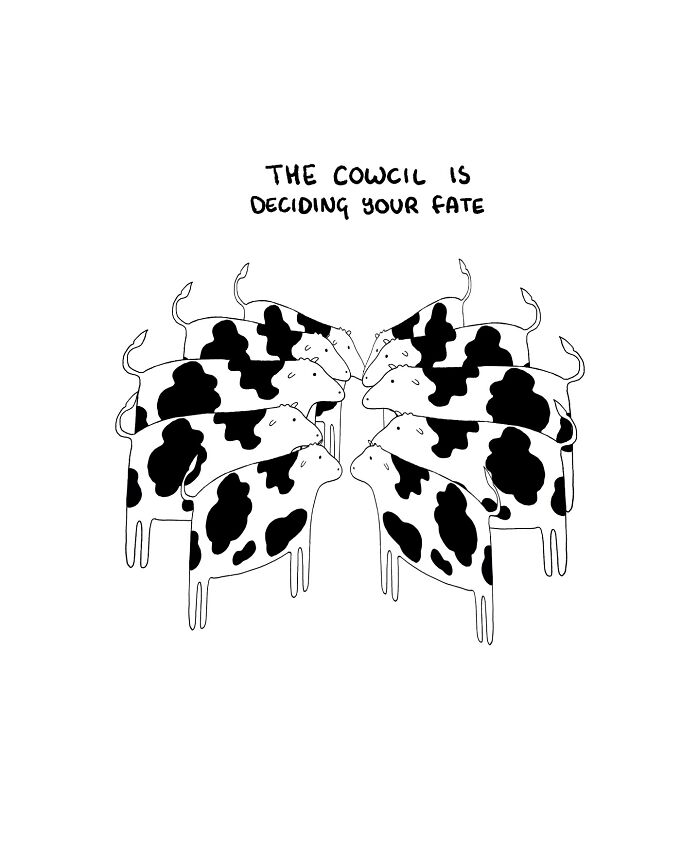 Cartoon cows in a circle, humorously captioned as "The Cowcil is deciding your fate," illustrating funny cow situations.