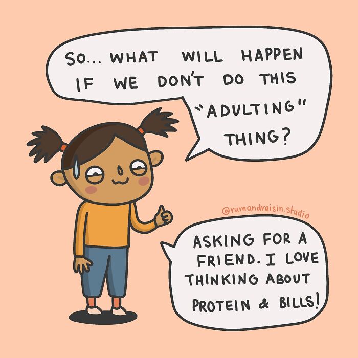 Cartoon character humorously questions "adulting," reflecting artist's experiences with anxiety.