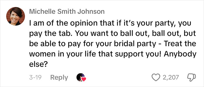 Comment highlights bridal party cost concerns, discussing financial expectations at parties.