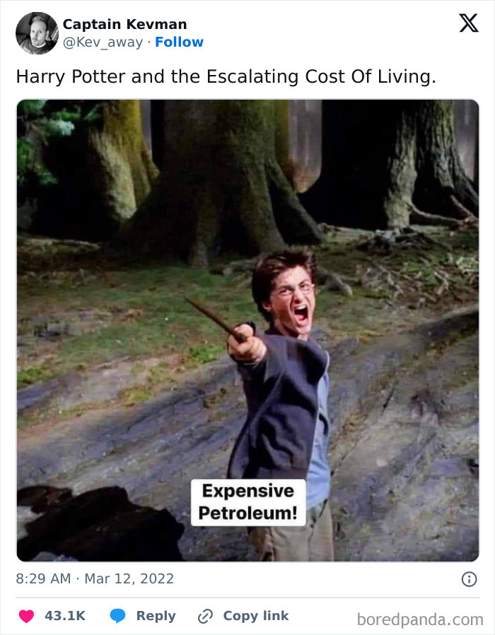 Man pointing a wand labeled "Expensive Petroleum," illustrating work-related humor with a magical twist.