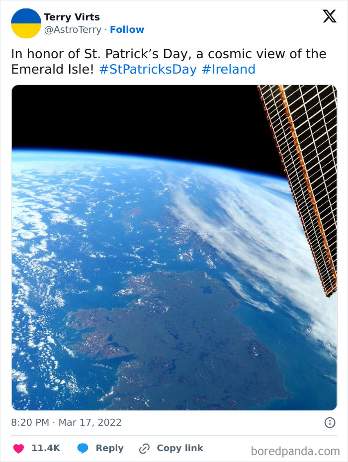 Awe-inspiring photo of Ireland from space, showcasing the iconic Emerald Isle beneath a bright, clear sky.