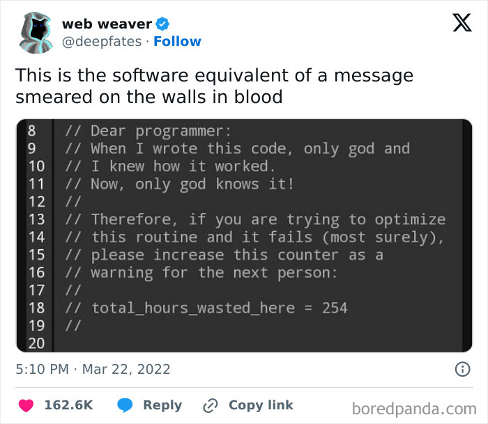Meme for programmers: humorous code comment about understanding software and total hours wasted.