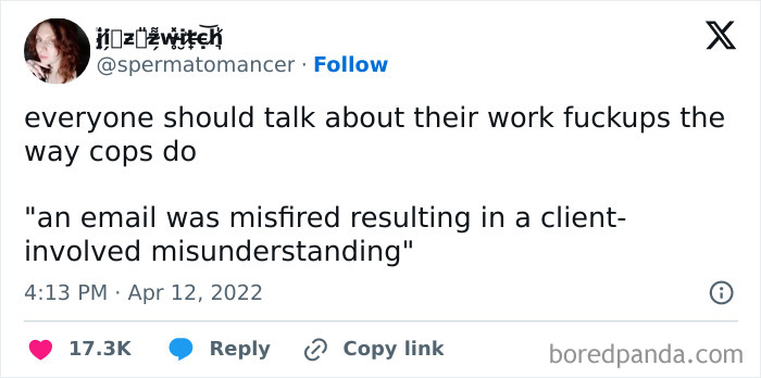 Tweet about work-email-jokes, suggesting professional language for errors, with over 17K likes.