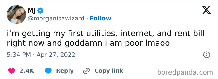 Tweet joking about being broke after receiving first utility and rent bills.
