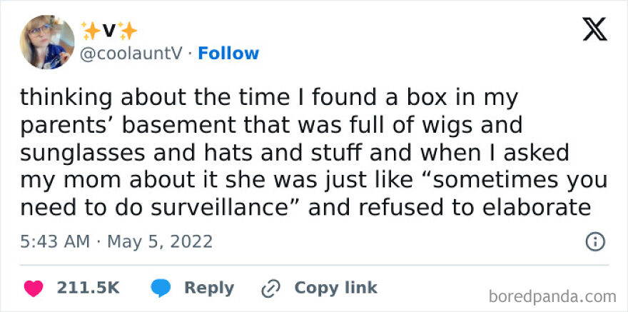 Humorous meme featuring a tweet about finding wigs and sunglasses in a basement, with a funny punchline about surveillance.