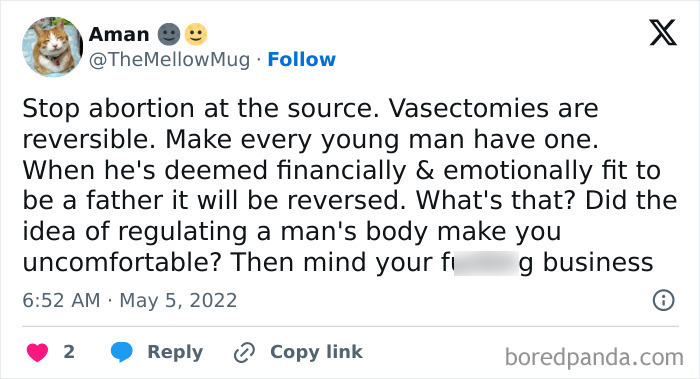Tweet critiquing sexism by proposing mandatory vasectomies for young men, highlighting gender-based double standards.
