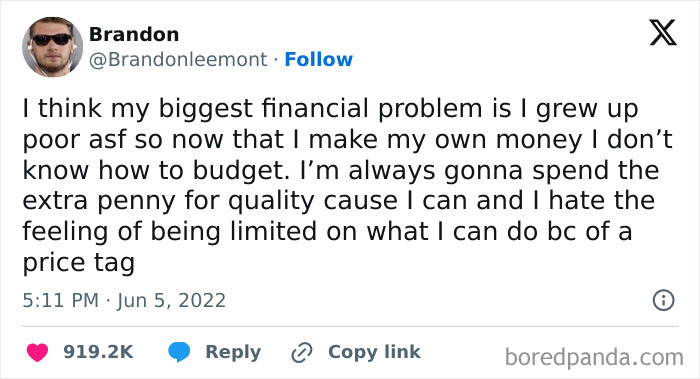 Tweet about financial struggles and spending habits with nuanced humor, reflecting broke-people jokes themes.