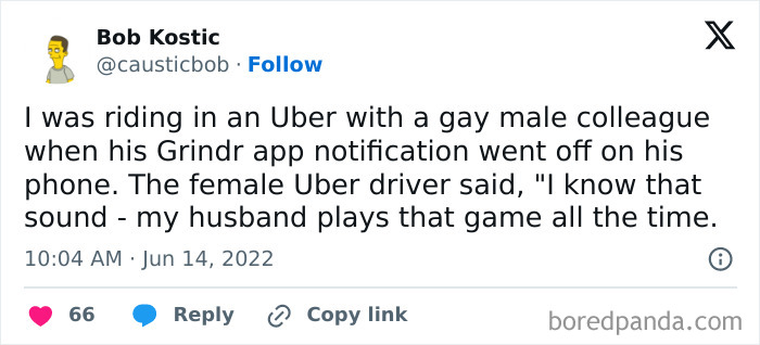 Uber ride humor meme about a Grindr notification, sparking a funny reaction from the driver.