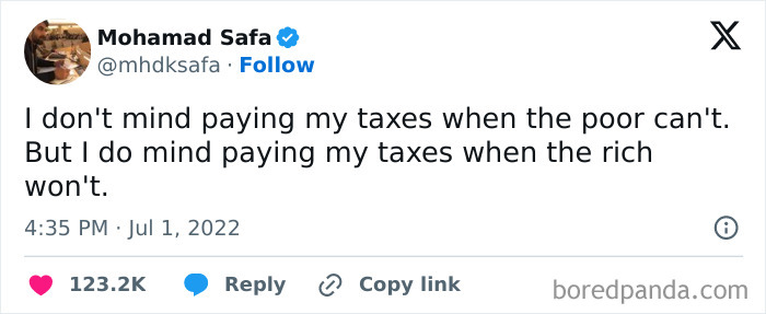 Tweet highlighting inequality with humor related to broke people jokes, discussing taxes and wealth disparity.