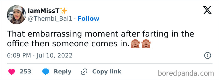 Embarrassing tweet about awkward life moment in the office with emojis, highlighting a relatable situation.