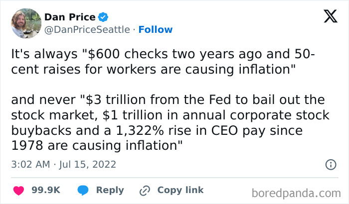 Tweet highlighting facepalm moments on inflation causes, contrasting worker raises and massive corporate bailouts.