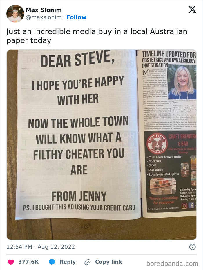 Newspaper ad with a humorous passive-aggressive message from Jenny to Steve, using his credit card.