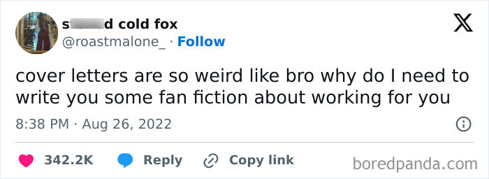 Funny work tweet about the awkwardness of writing cover letters, comparing them to fan fiction.