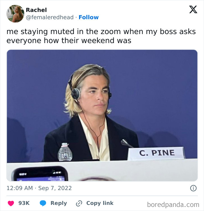 Man with headphones at a panel, looking amused; humorous work tweet about staying muted on Zoom during a boss's question.