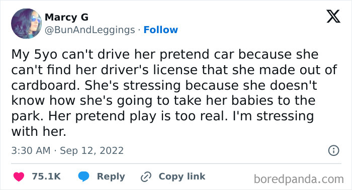 Text post meme about a 5-year-old stressing over a pretend driver's license. Funny and weird meme humor.
