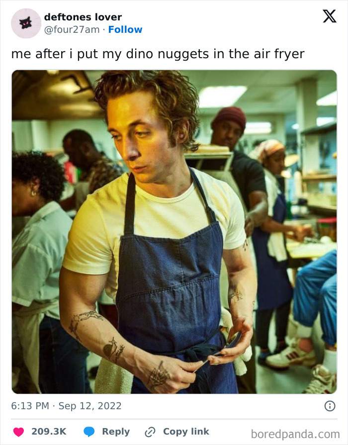 Man with tattoos wearing an apron in a kitchen, captioned about air fryer nuggets, from Middle Class Fancy memes.