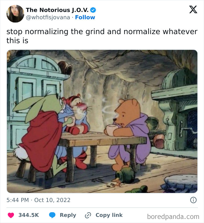 Cartoon characters at a table, capturing a humorous take on adulthood struggles with a meme text overlay.