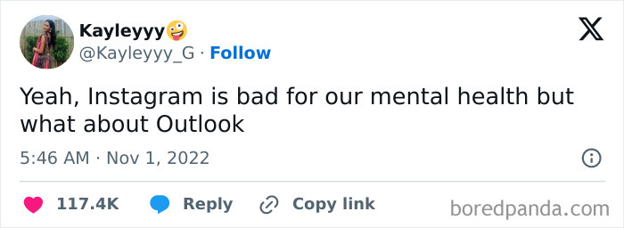 Tweet humorously comparing Instagram to Outlook, highlighting relatable work stress.