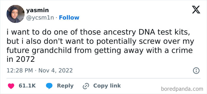 A funny meme about ancestry DNA tests and future grandchild's potential crime.