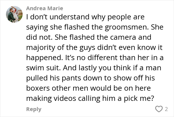 Comment discussing a bride flashing her underwear to the camera during wedding photoshoot.