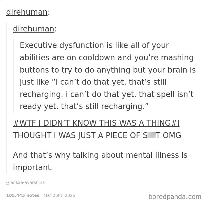 Text post meme about executive dysfunction highlighting mental illness awareness with a humorous take.