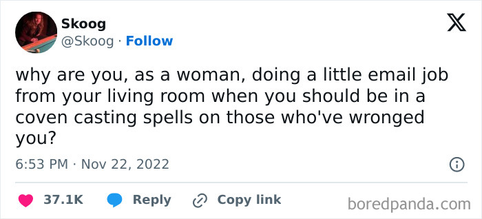 A humorous tweet about work-email-jokes, questioning why women do email jobs instead of casting spells.