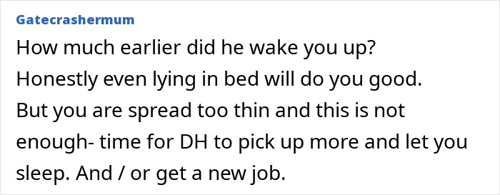 Comment addressing a tired mom of 3, suggesting husband should help more so she can sleep better.