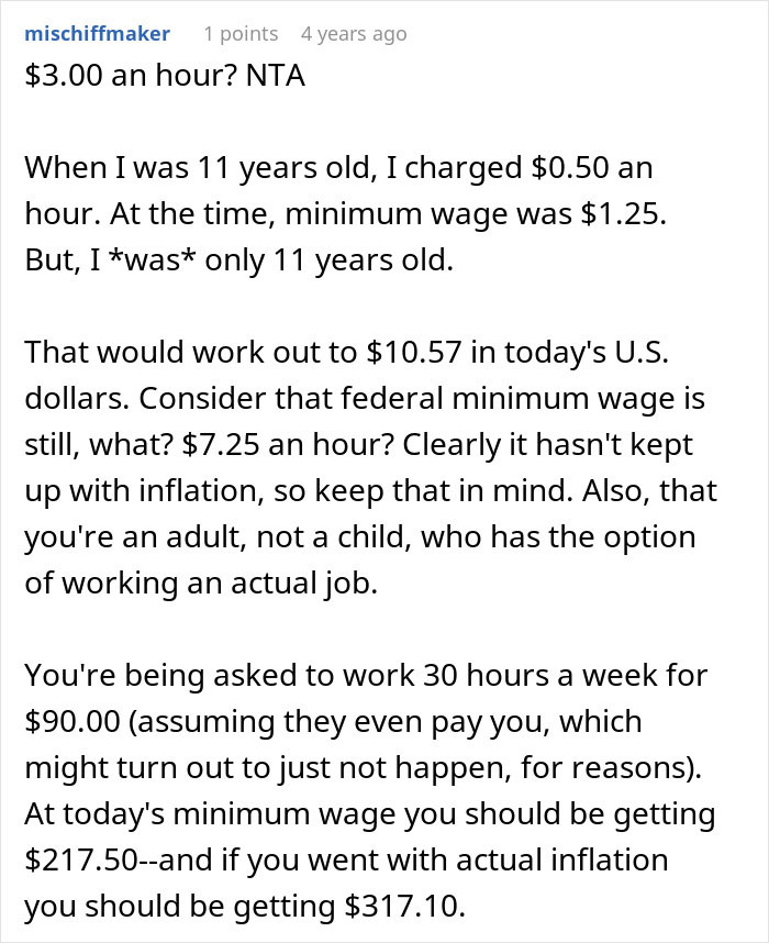 Text debates $3 babysitting wage compared to inflation and minimum wage.