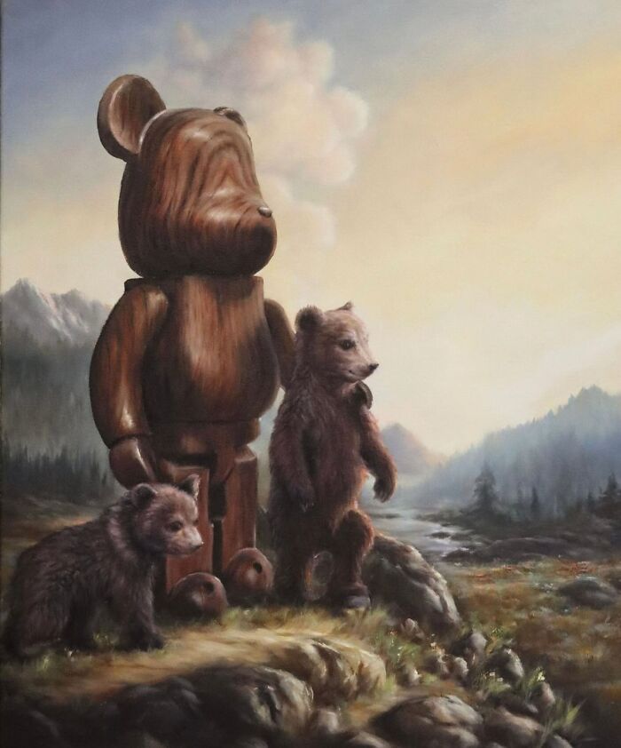 Anthropomorphic artwork by Richard Ahnert featuring bears in a serene landscape.
