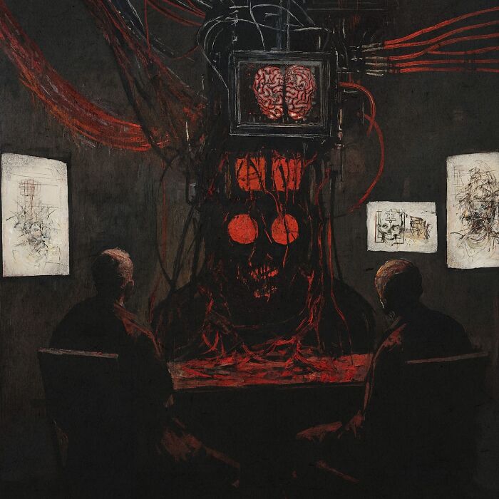 Eerie artwork inspired by industrial decay and folklore, featuring two figures and a menacing, red-tinted central figure.