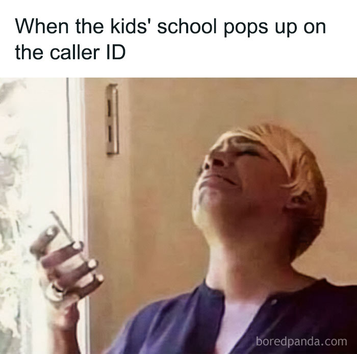 Person holding a phone, looking distressed with text about kids' school caller ID. Parenting meme humor.