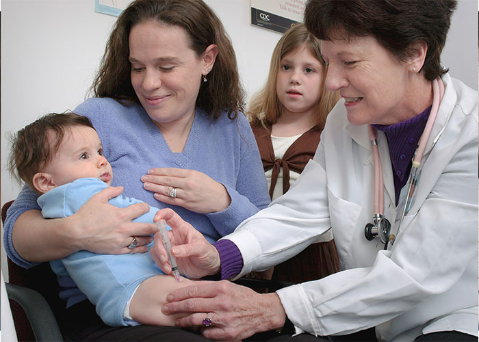 Doctor giving an injection to a baby while mother and another child watch, focusing on parenting behaviors.