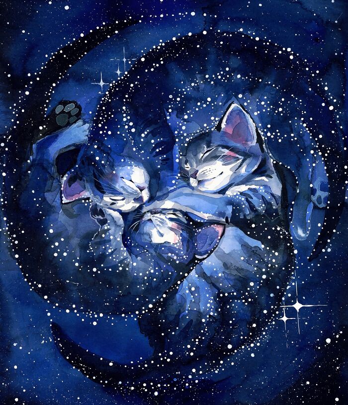 Dream-like painting of three sleeping cats amidst stars.