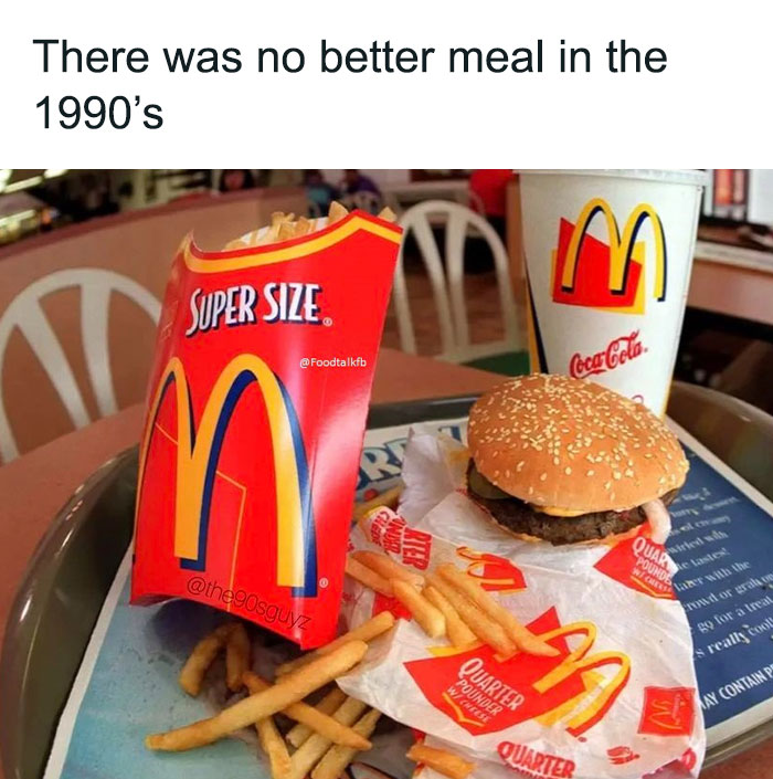 90s meal nostalgia with McDonald's Super Size fries, burger, and Coke on a tray.