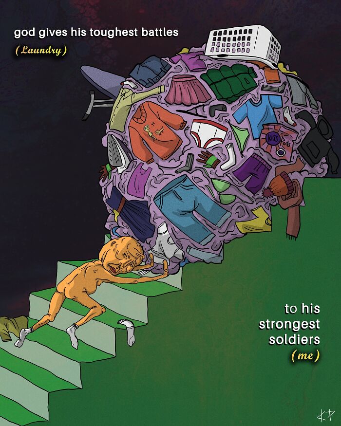 Person pushing a massive pile of laundry up stairs, symbolizing a tough battle in a funny illustration by Kissing Party.