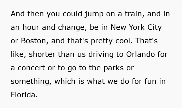 Text excerpt from a mom explaining benefits of moving to a blue state, highlighting travel convenience compared to Florida.