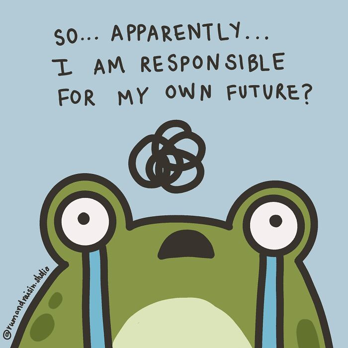 Cartoon frog with teary eyes and tangled thoughts, illustrating anxiety in a relatable way.