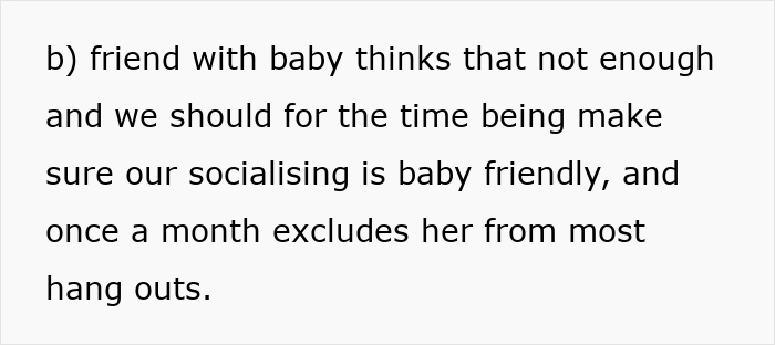 Text detailing a childfree group's baby drama, discussing baby-friendly socializing and monthly exclusions.
