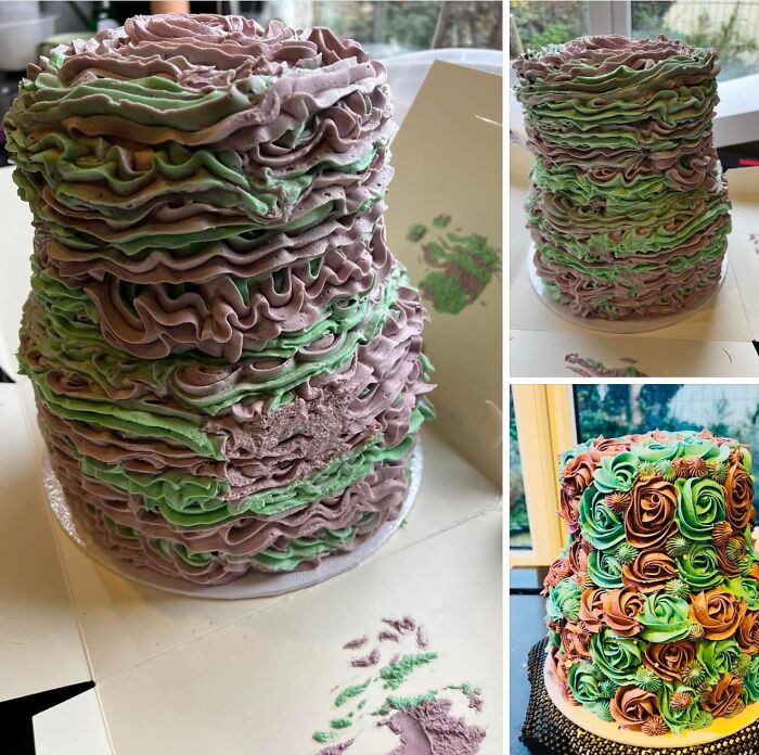 Stacked cake with green and purple frosting layers, showcasing a baking fail with uneven icing.