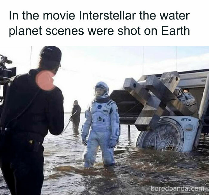 Crew filming a literal meme scene from Interstellar on Earth, showing an astronaut in water with a cameraman.